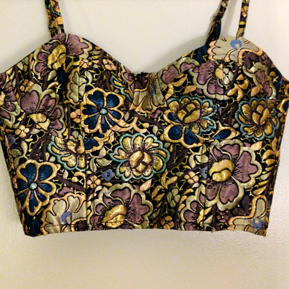 SANJOY Floral Crop Bustier Top Purple Gold Floral